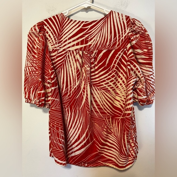 Panama Jack Womens Medium Orange White Palm Tropical Print Linen Blend Blouse - Picture 2 of 6